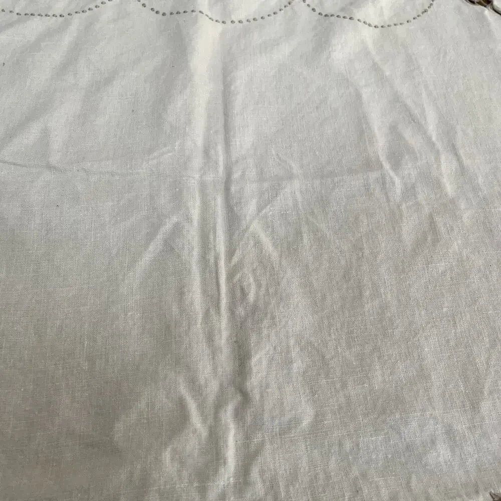 Vintage Floral Embroidery Tan Linen Tablecloth Scalloped Edges 73 x 54